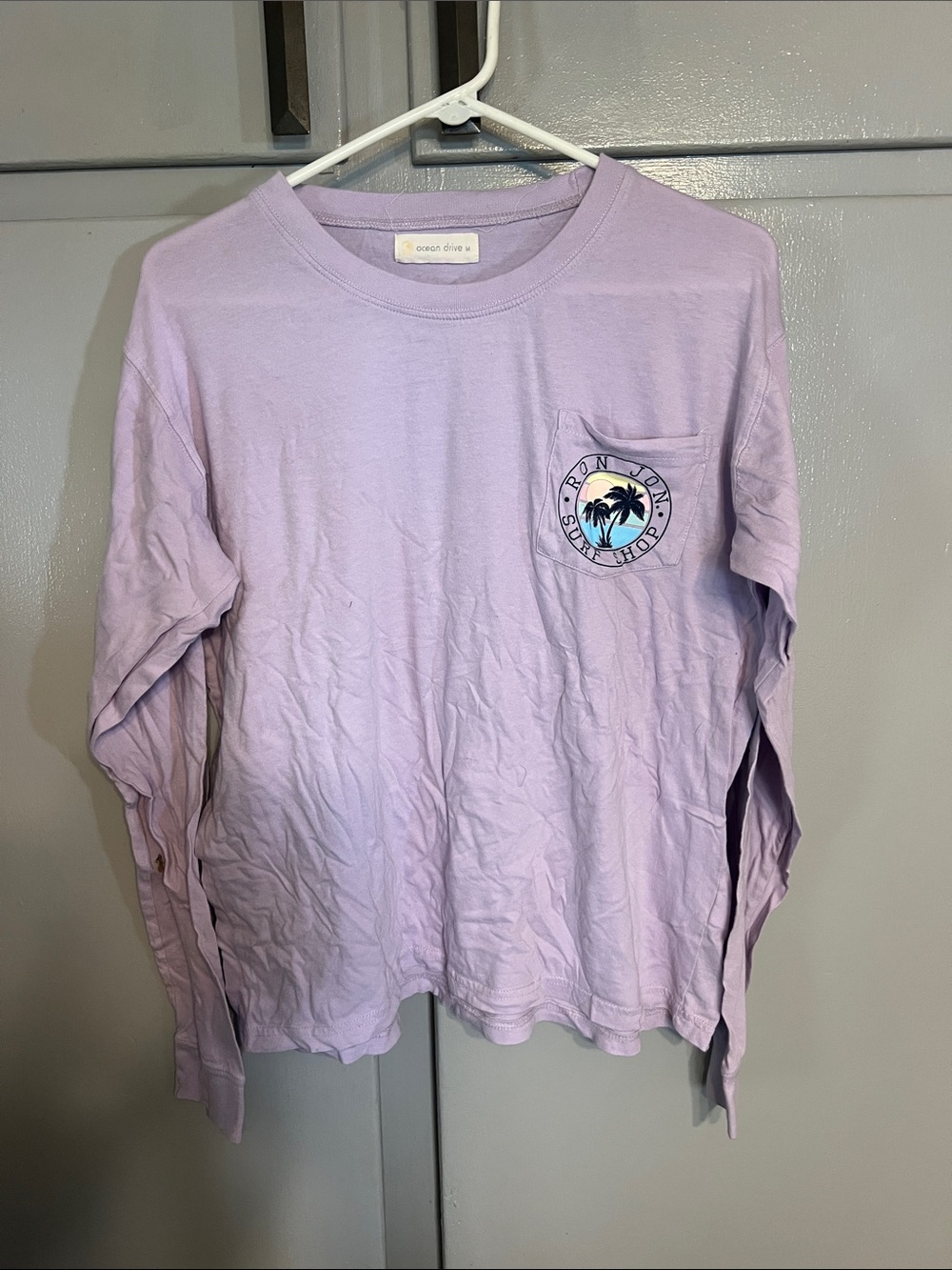 Ocean Drive Light Lavender Long Sleeve Pocket Tee with Palm Patch